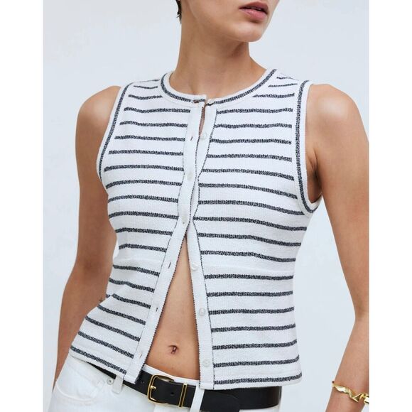 MADEWELL Split-Crewneck Cardigan Tank WHITE NAVY STRIPE NWT SIZE M - Picture 5 of 7